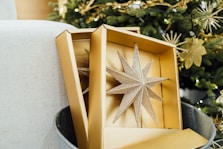 a star shaped ornament in a box next to a christmas tree