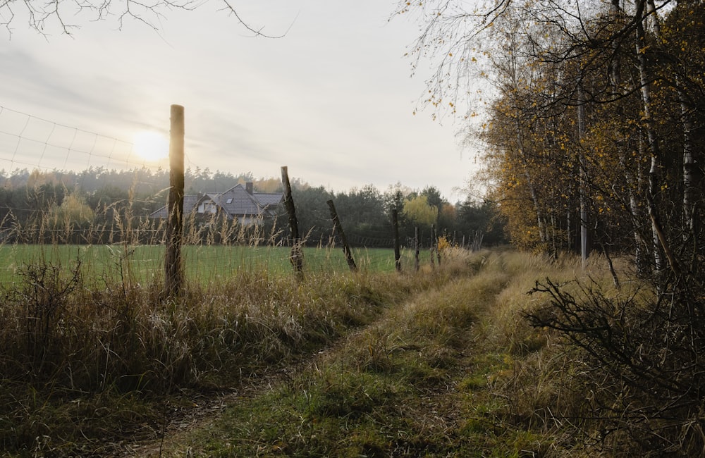 a field with a fence and a house in the background