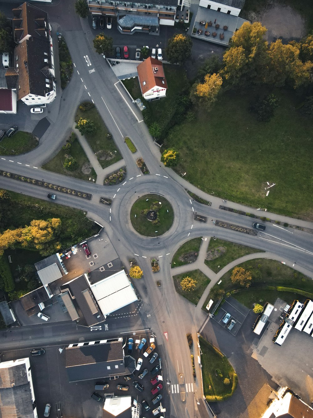 an aerial view of an intersection in a city