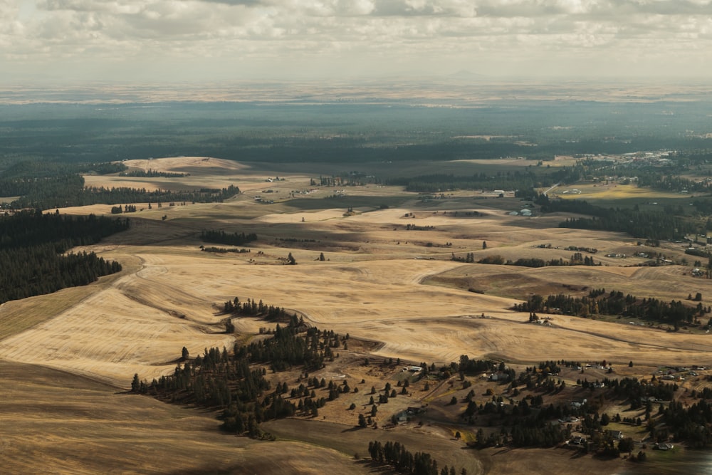 an aerial view of a large field with trees