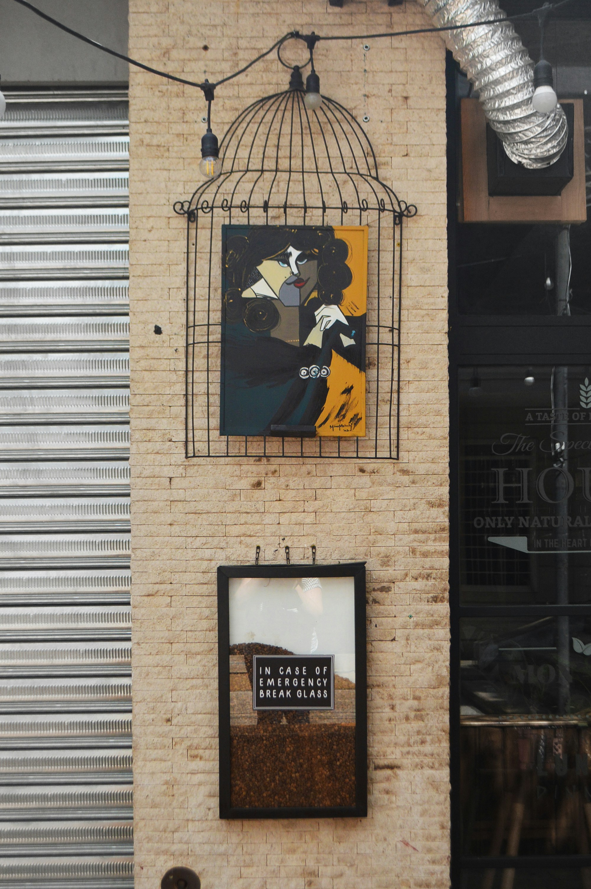 a birdcage hanging on the side of a building