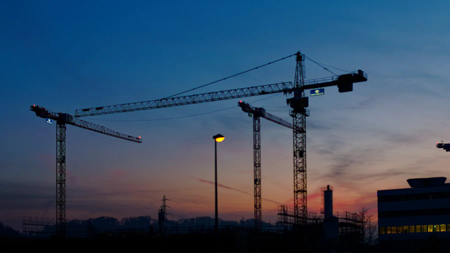 Tower crane silhouetted at dusk