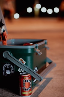 A green cooler adorned with various skate-themed stickers is positioned on a surface, with its lid slightly open. In front of it stands a red can of Dalston's ginger beer, prominently displaying its logo. The background is softly blurred, with circular lights creating a bokeh effect, suggesting an evening or nighttime setting.