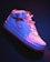 A white high-top sneaker is illuminated by a blend of blue and pink lighting, enhancing its features. The shoe has a prominent logo on the side and intricate stitching details. The laces are neatly tied, and the sole appears sturdy with a textured pattern.