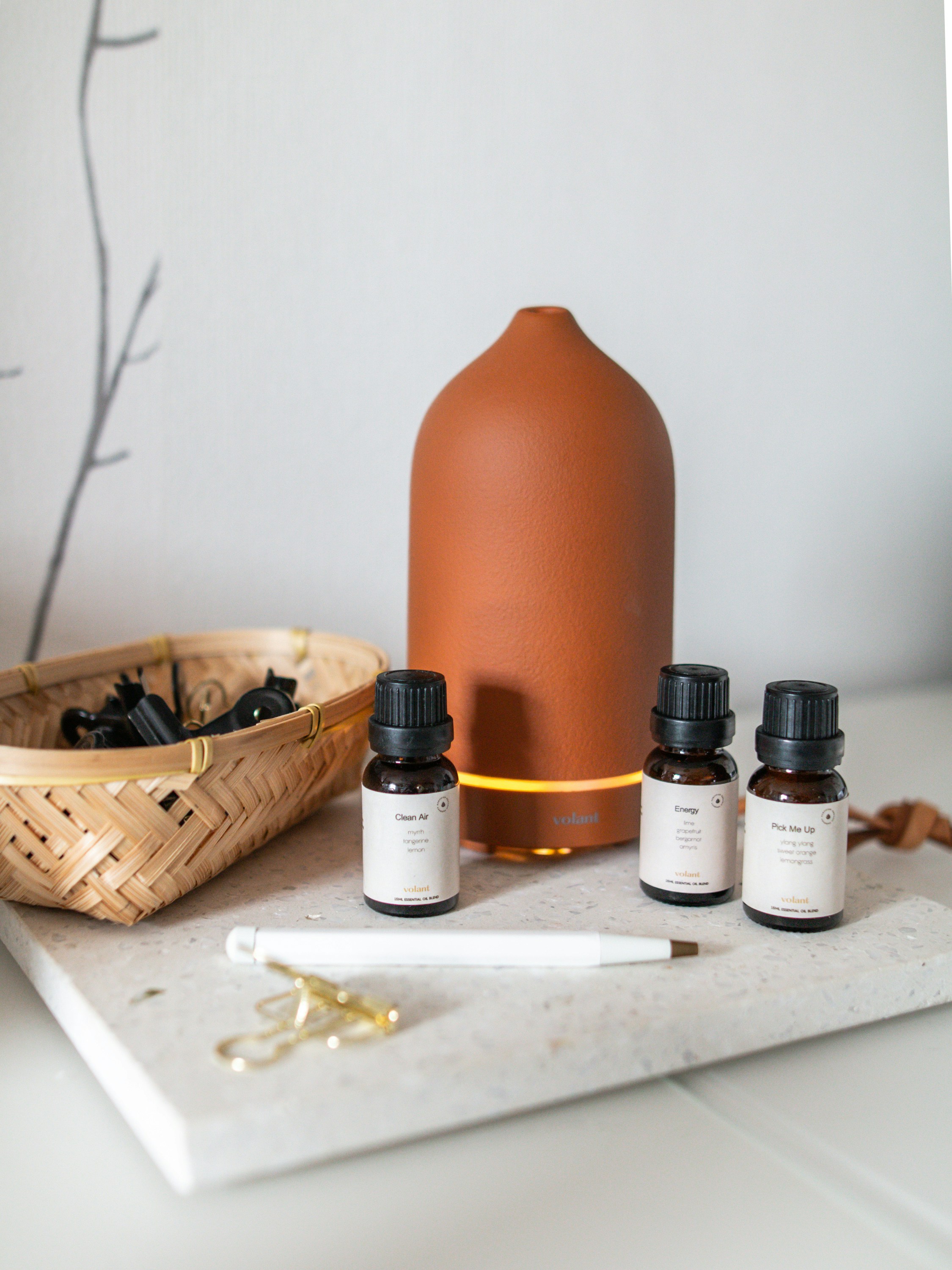 Elegant ceramic aromatherapy diffuser with essential oil bottles