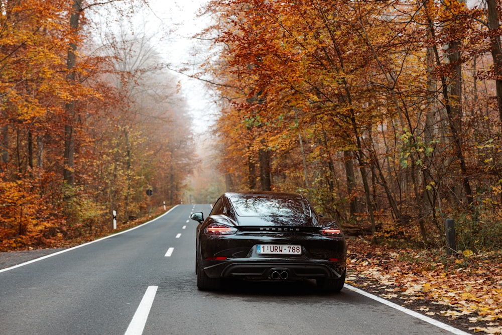 a car driving down a road surrounded by trees