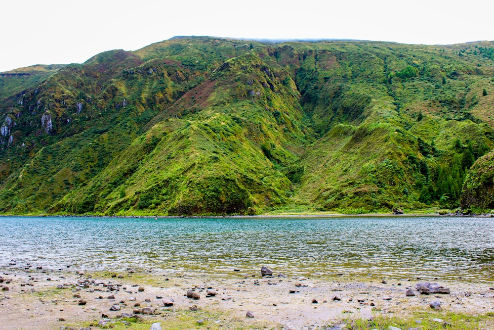 a body of water surrounded by a lush green mountain