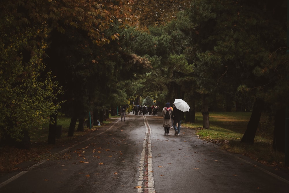 a group of people walking down a road holding umbrellas