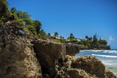 a person sitting on a rock near the ocean