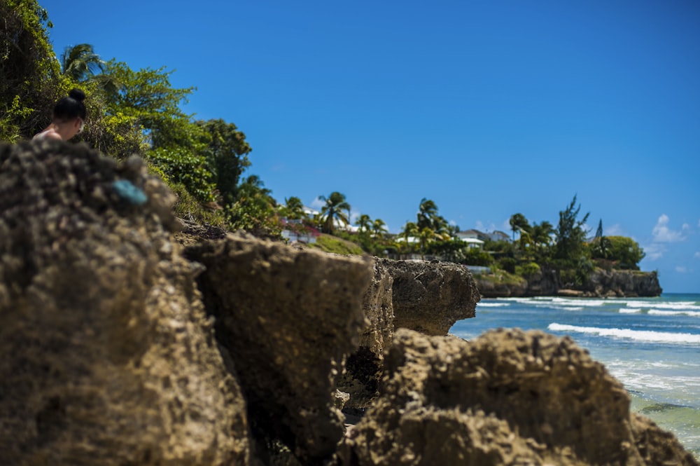 a person sitting on a rock near the ocean