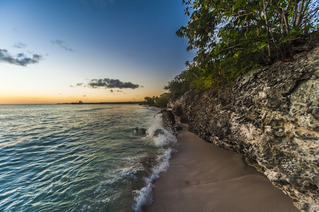 a sandy beach next to the ocean at sunset