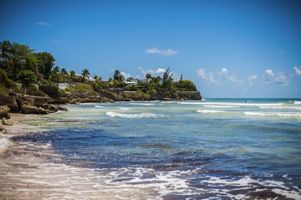 a sandy beach with waves coming in to shore