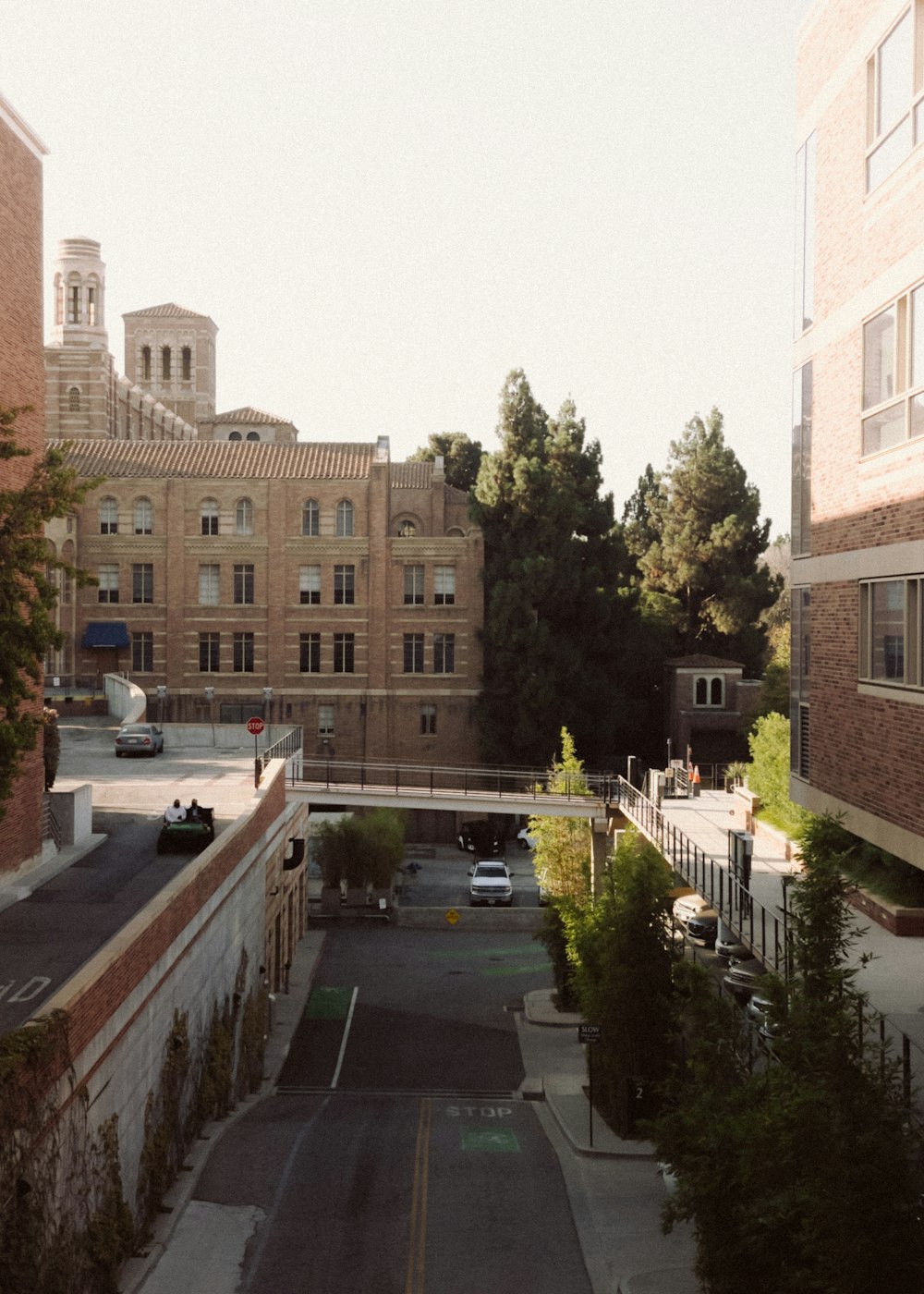 a view of a parking lot from a high building