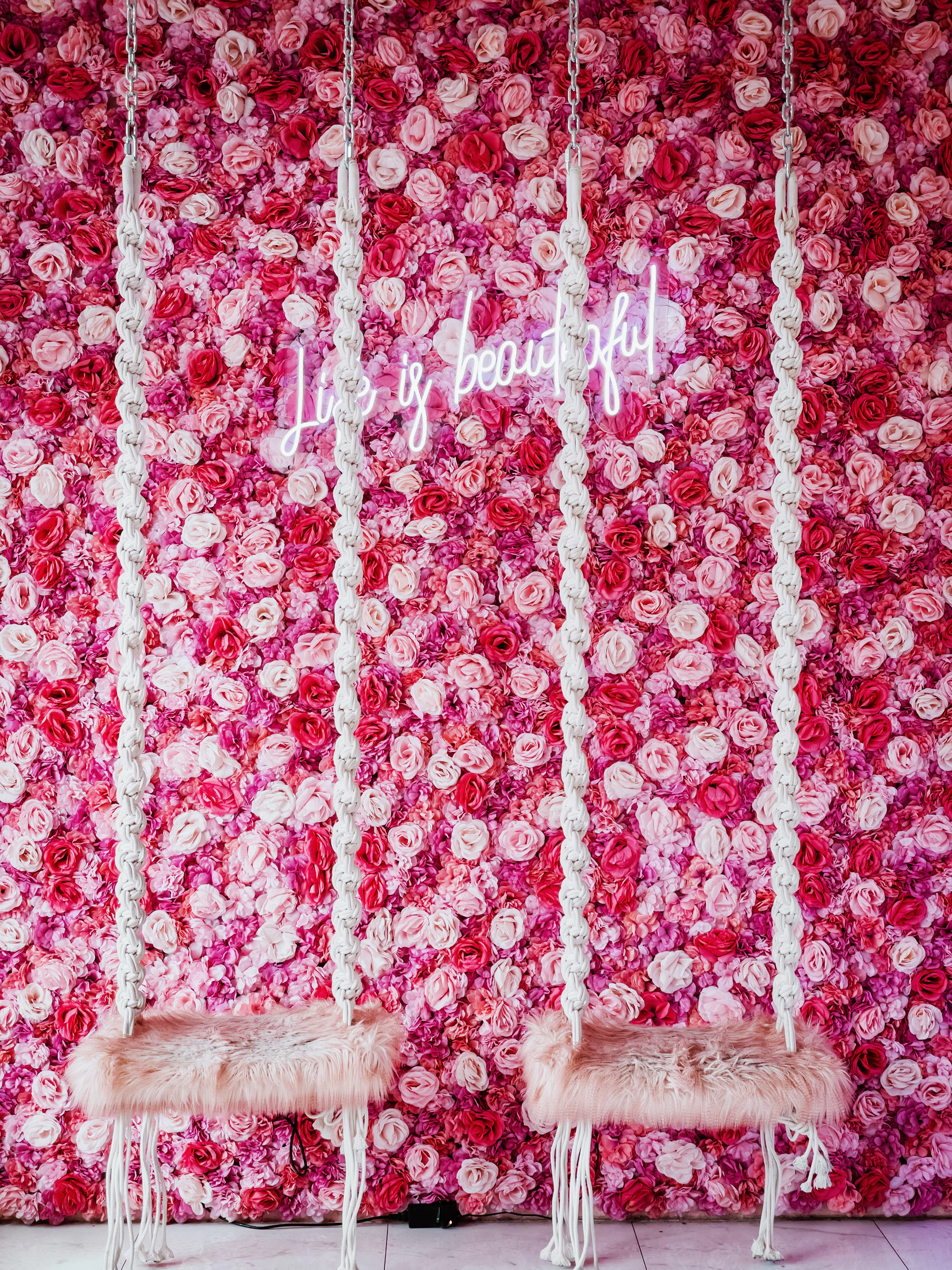 A vibrant flower wall backdrop bursting with pink peonies and white roses, set up at a sunny outdoor wedding in Dubuque.