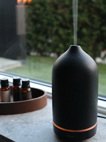 Elegant home diffuser emitting a gentle mist beside a cozy window nook.