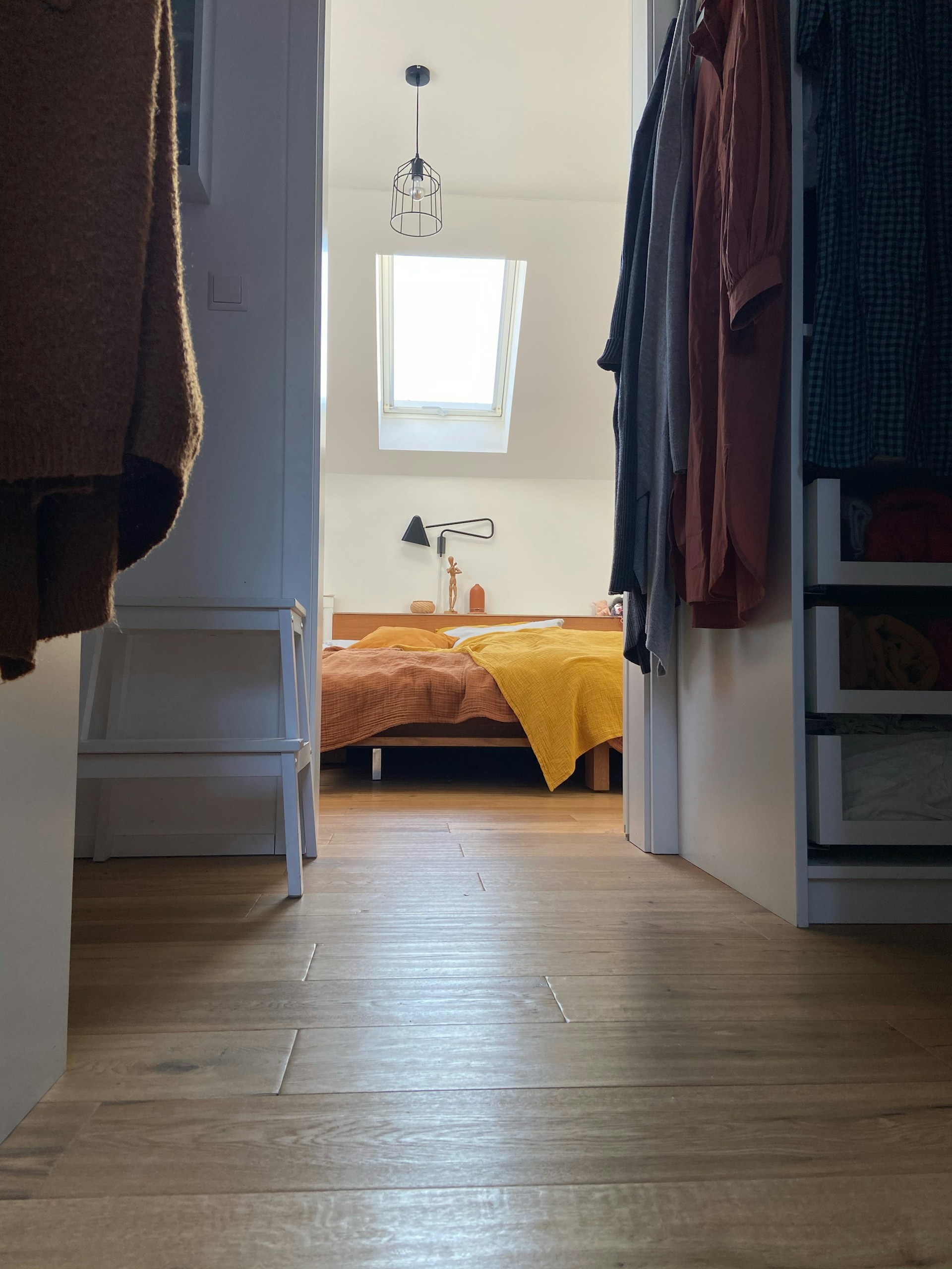 a bedroom with a bed and a closet