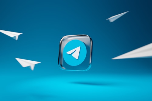 A prominent Telegram app logo is set in the center against a vibrant blue background, surrounded by four minimalist paper airplane illustrations, suggesting themes of communication and connectivity.
