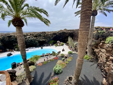 A beautiful, sunlit garden features a pristine blue pool surrounded by palm trees and lush greenery. The area is enclosed by high, rocky walls and includes various colorful plants and flowers. Several people are leisurely walking or sitting around the pool area.
