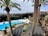 A beautiful, sunlit garden features a pristine blue pool surrounded by palm trees and lush greenery. The area is enclosed by high, rocky walls and includes various colorful plants and flowers. Several people are leisurely walking or sitting around the pool area.
