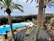 A beautiful, sunlit garden features a pristine blue pool surrounded by palm trees and lush greenery. The area is enclosed by high, rocky walls and includes various colorful plants and flowers. Several people are leisurely walking or sitting around the pool area.