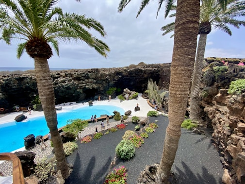 A beautiful, sunlit garden features a pristine blue pool surrounded by palm trees and lush greenery. The area is enclosed by high, rocky walls and includes various colorful plants and flowers. Several people are leisurely walking or sitting around the pool area.