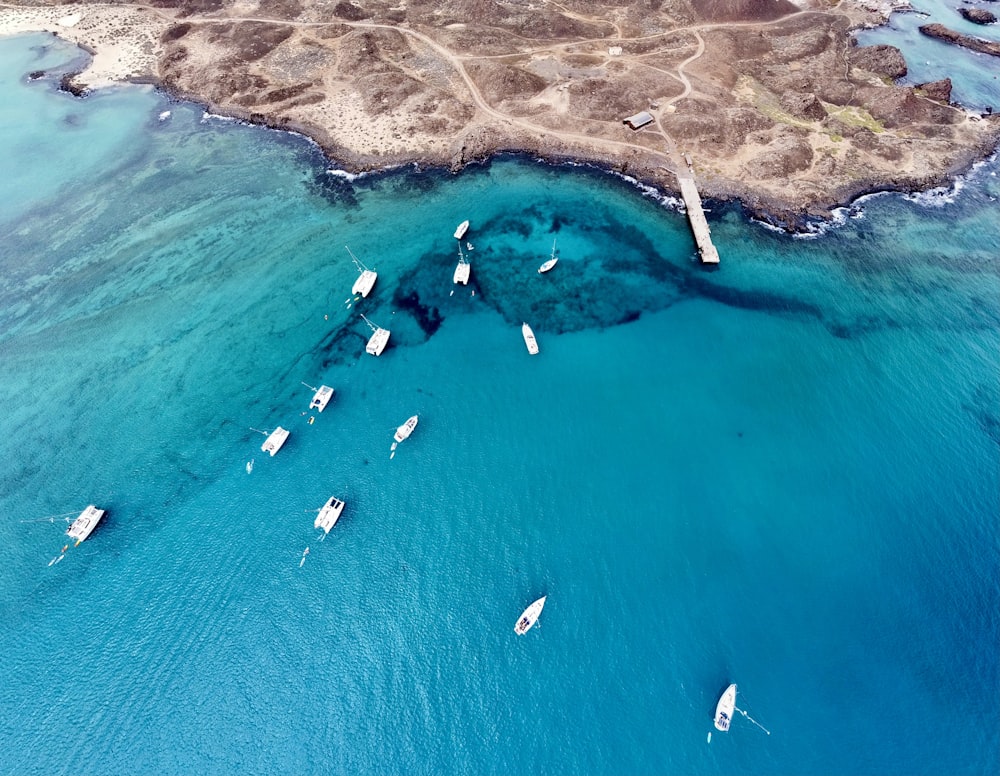 a group of boats floating on top of a body of water