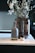 A modern interior setting with a vase containing branches and flowers placed on a countertop. Beside the vase, there is a sleek, cylindrical diffuser with essential oil bottles next to it.