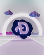 A stylized letter 'D' is embedded in a dark, cloud-like shape at the center. The background features a futuristic landscape with a glowing arc and pastel-colored clouds, set against a minimalistic, light-colored environment.