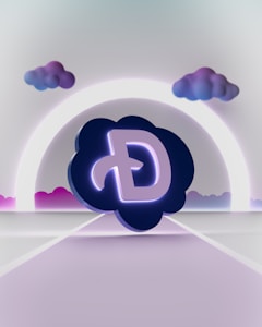 A stylized letter 'D' is embedded in a dark, cloud-like shape at the center. The background features a futuristic landscape with a glowing arc and pastel-colored clouds, set against a minimalistic, light-colored environment.