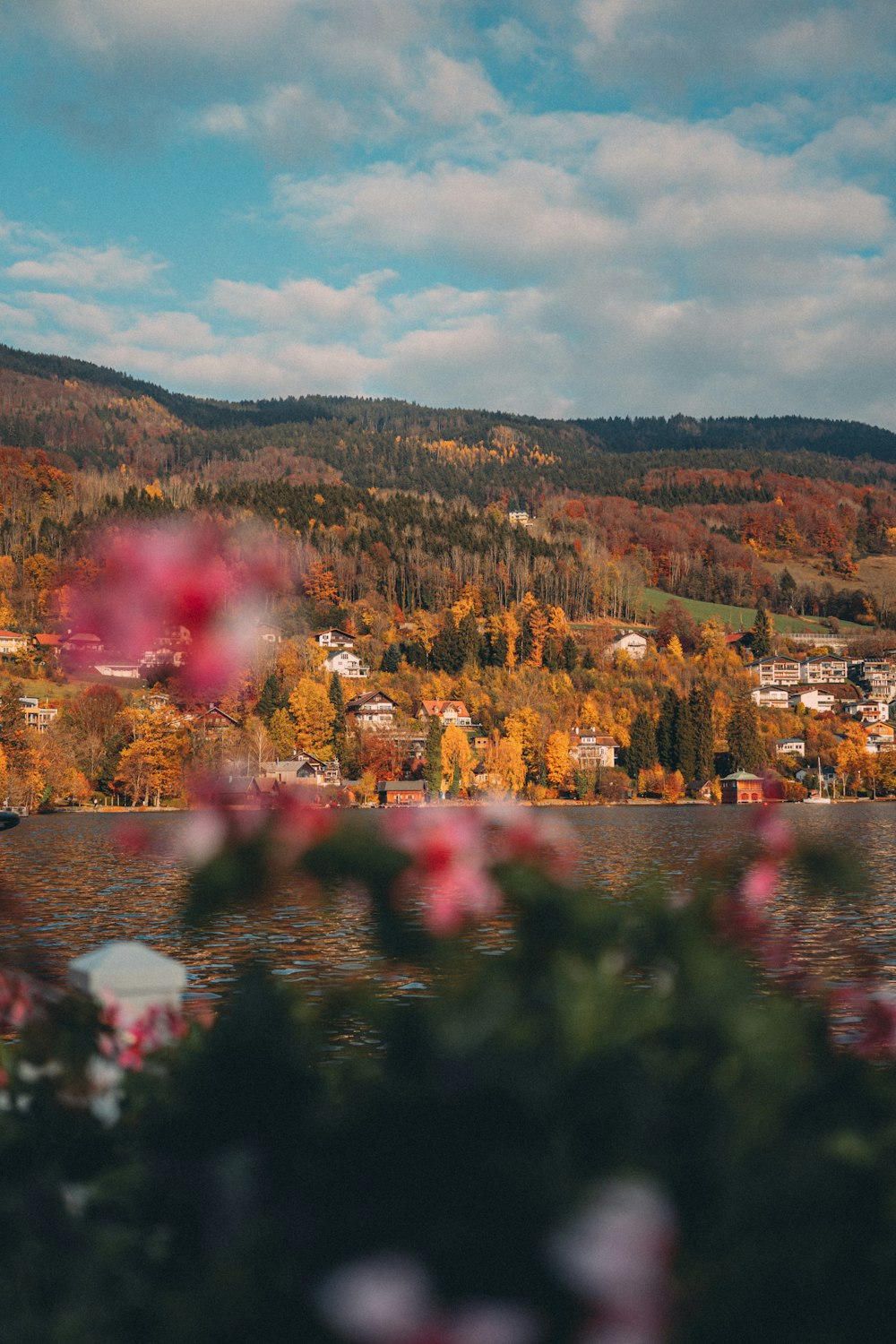 a scenic view of a town and a body of water