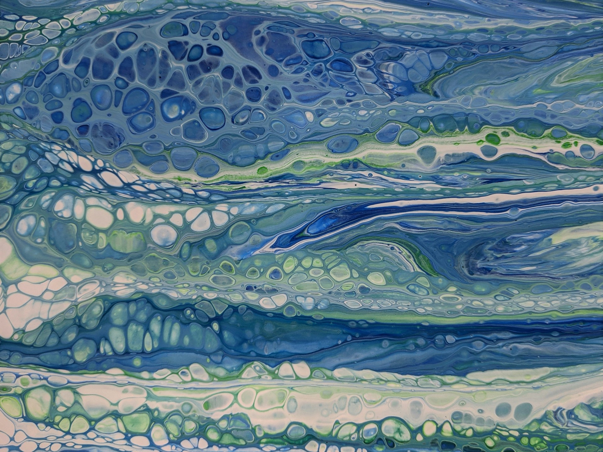 an abstract painting of blue and green waves