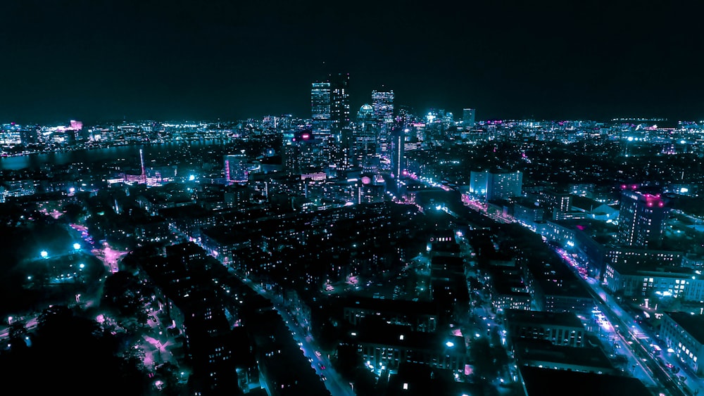 an aerial view of a city at night