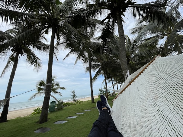 A relaxing beach scene with a hammock and palm trees swaying in the breeze.