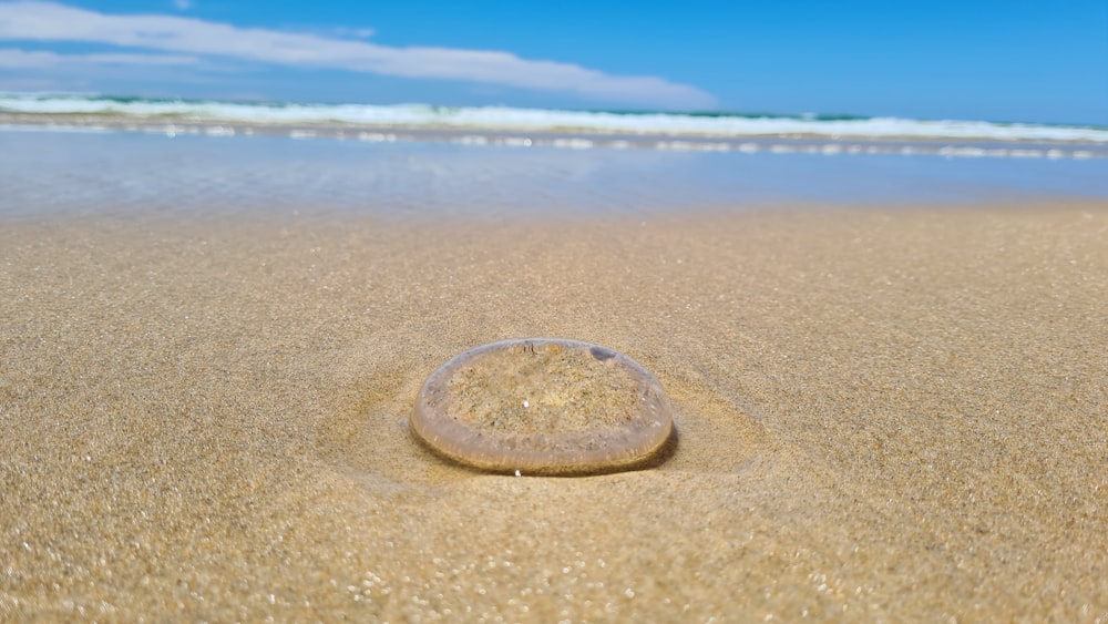 un rocher assis au sommet d’une plage de sable