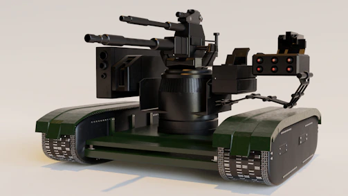 a green and black robot with a camera attached to it