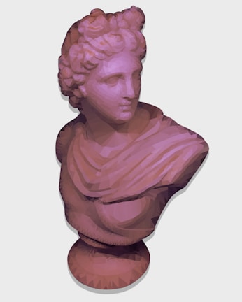 A low-poly 3D rendering of a classical-style bust featuring a figure with curly hair and a draped garment, set against a plain background. The style emphasizes geometric shapes and facets, giving it a modern, artistic interpretation.