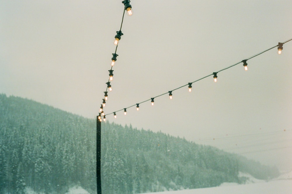 un poste con luces en la nieve
