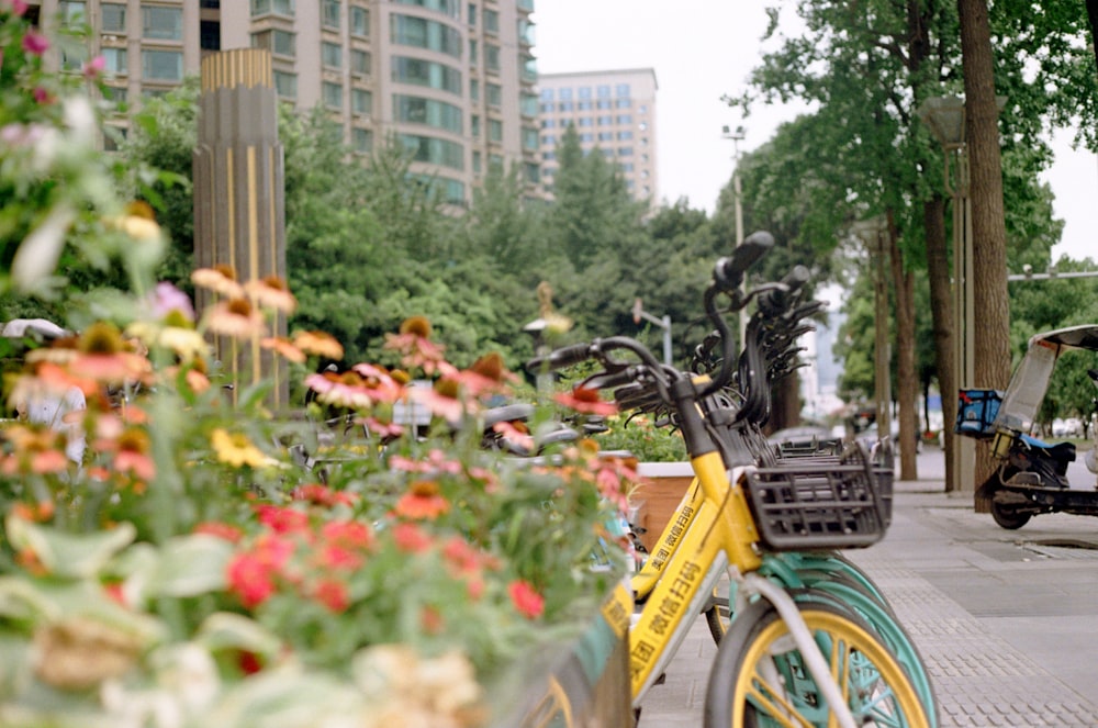 a yellow bike parked next to a flower filled sidewalk