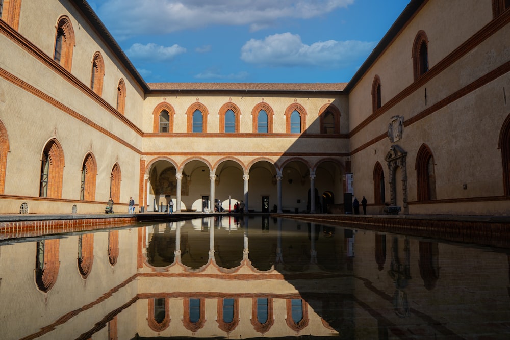 a reflection of a building in a pool of water