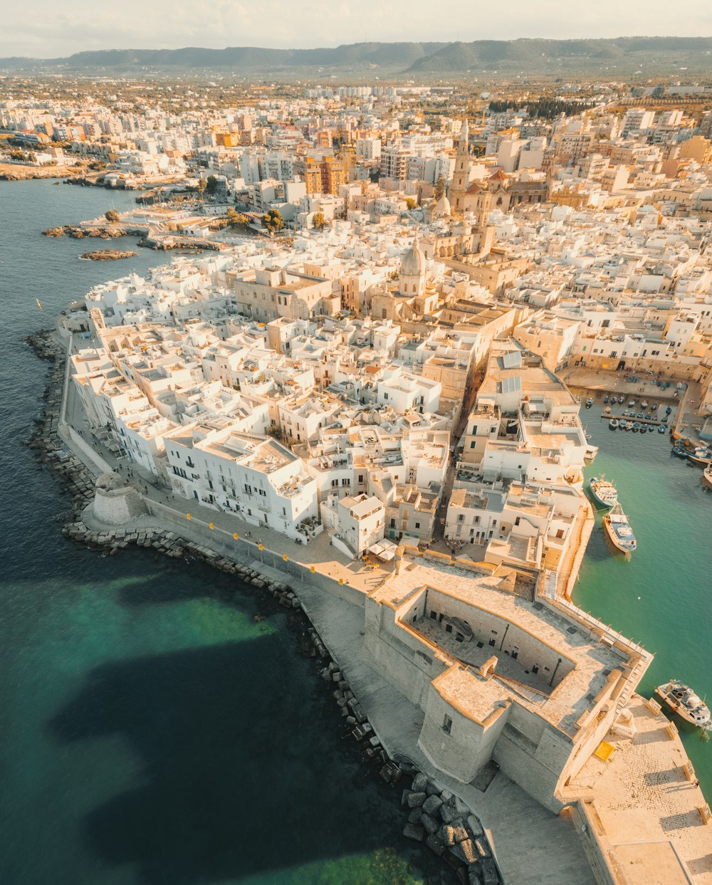 an aerial view of a city and a body of water