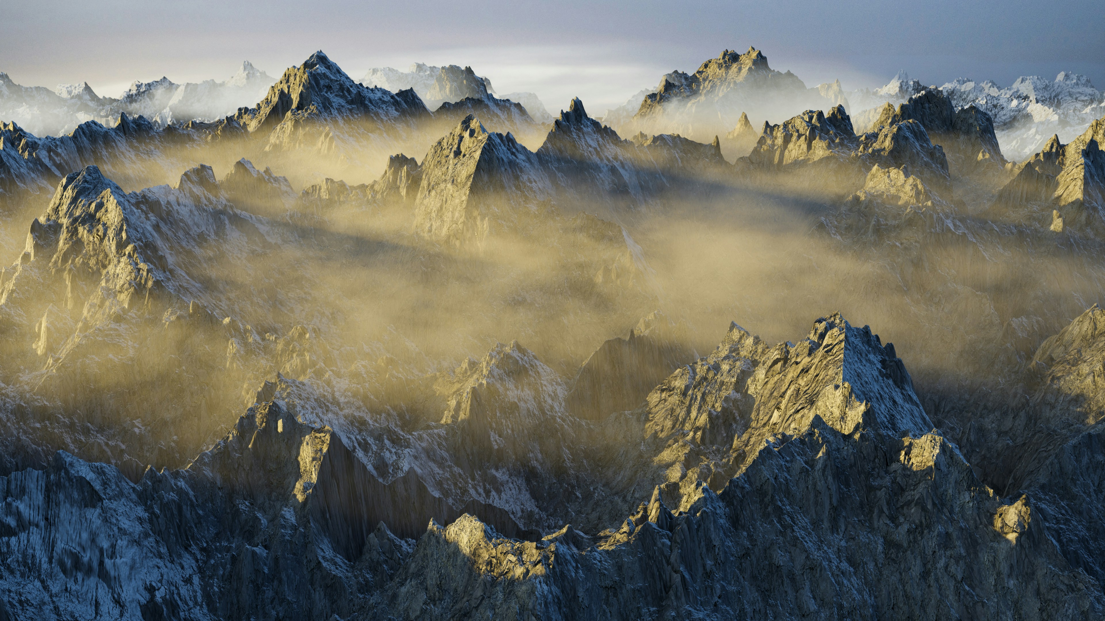 Misty mountain range illuminated by soft sunlight