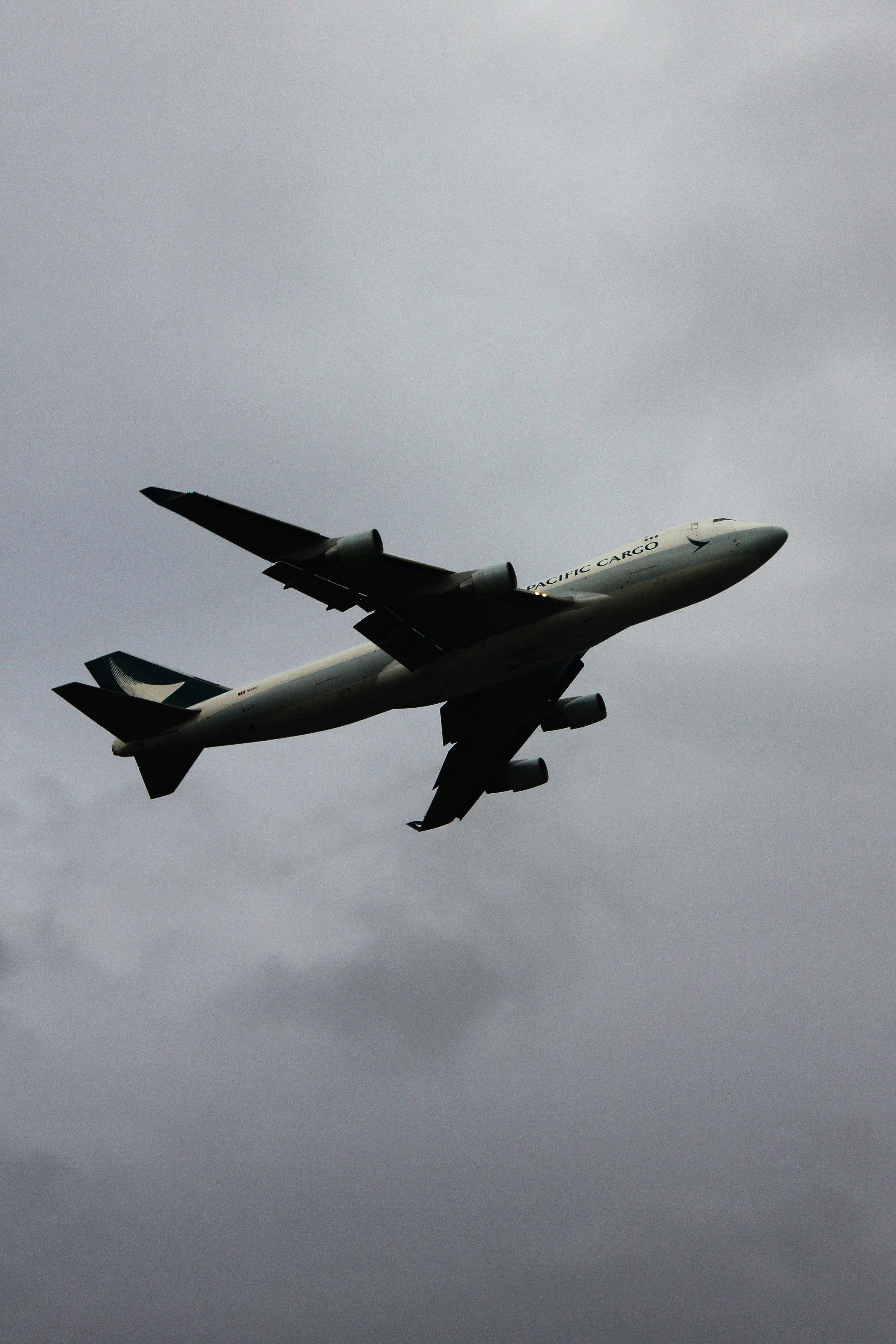 a large jetliner flying through a cloudy sky