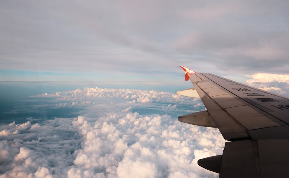 Der Flügel eines Flugzeugs, das über den Wolken fliegt