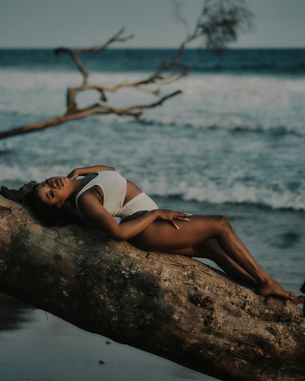 a woman laying on a tree branch in front of the ocean