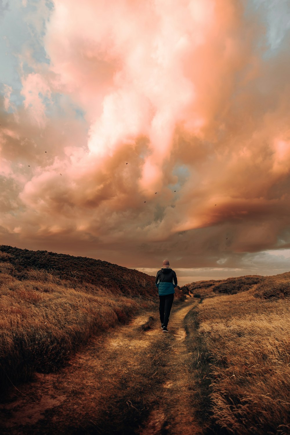 a person walking down a dirt road under a cloudy sky