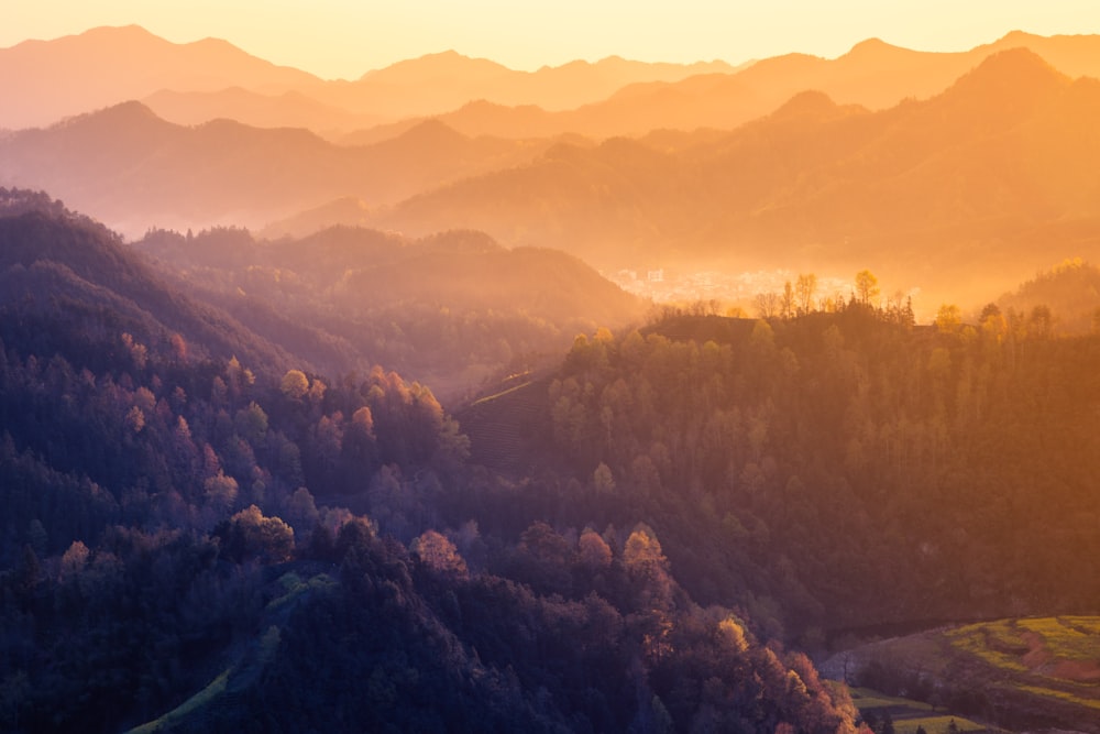 a view of a mountain range with trees in the foreground