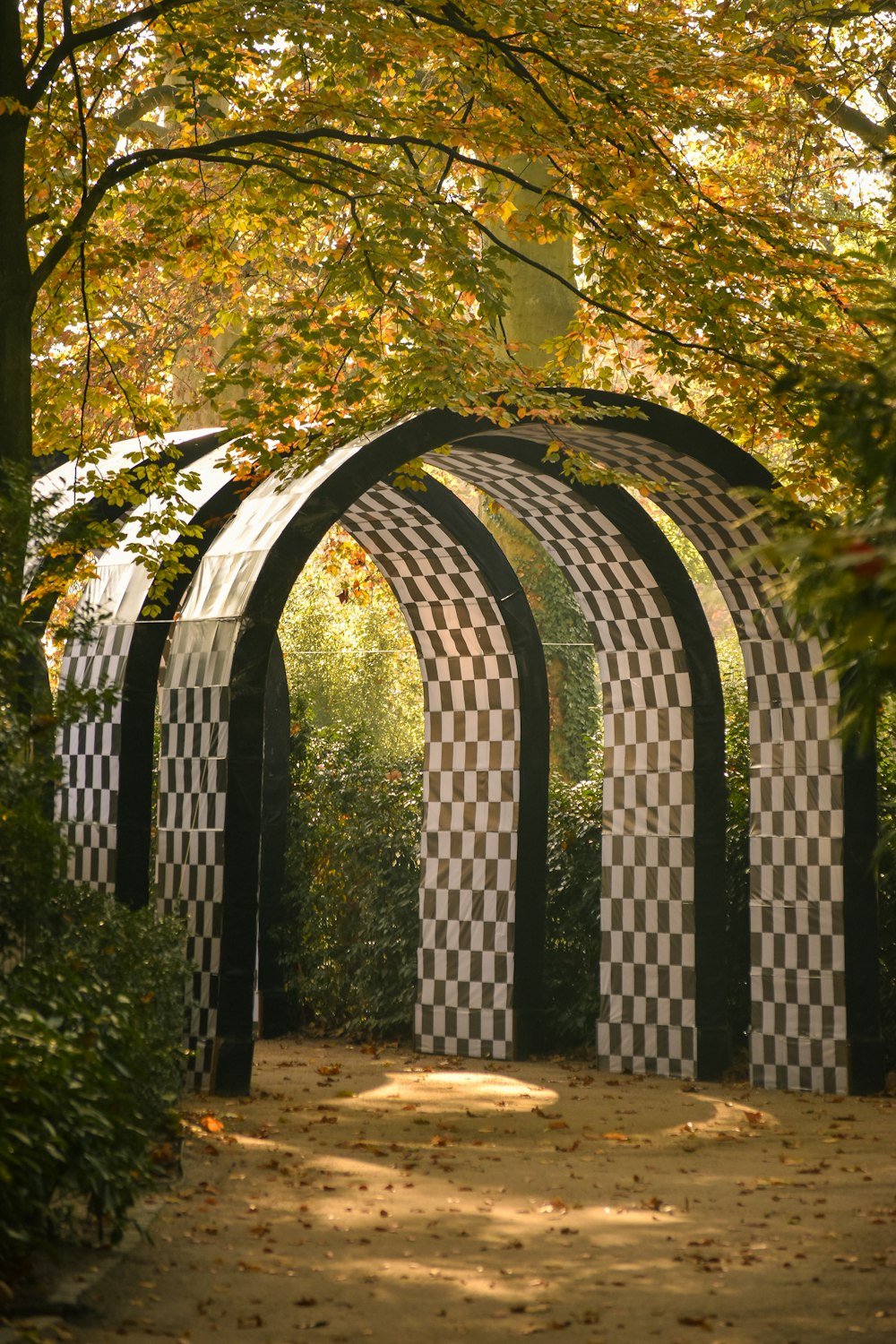 a black and white checkered arch in a park