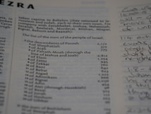 A close-up of a page from a book showing a list of names and numbers, possibly from a scripture or historical text. There is handwritten marginalia on the right side of the page.