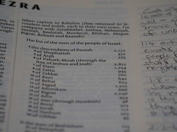 A close-up of a page from a book showing a list of names and numbers, possibly from a scripture or historical text. There is handwritten marginalia on the right side of the page.