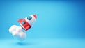 a red and white rocket ship flying through the sky